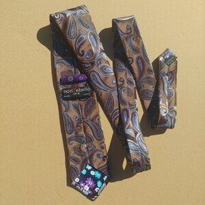 Montebello Italia 100% silk tie golden brown and blue paisley pattern